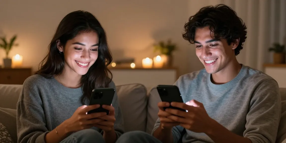 Couple enjoying a sex AI chat on smartphones in cozy settings, reflecting joy and intimacy.