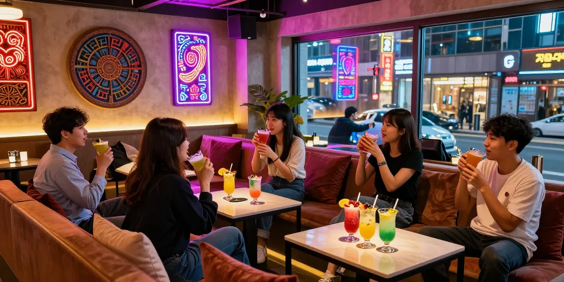 Dynamic nightlife experience at 상봉동 한국관나이트 featuring guests enjoying colorful cocktails in a vibrant lounge.