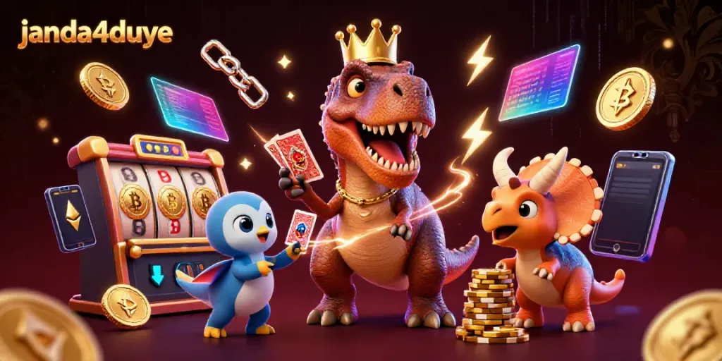 Janda4duye memperlihatkan T-Rex bermain kartu sambil dikelilingi elemen slot dan koin kripto.