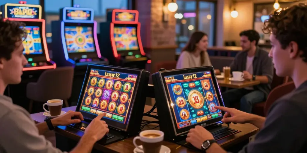 Players enjoying luxury12 mobile slots in a relaxed café atmosphere with exciting gaming visuals.