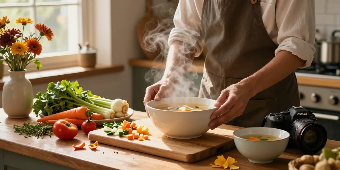 Leckere Klare Suppe wird mit frischem Gemüse in einer gemütlichen Küche zubereitet