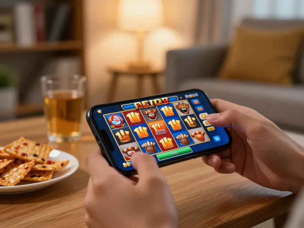 Playing slot 10k on a smartphone during a cozy home gaming session.