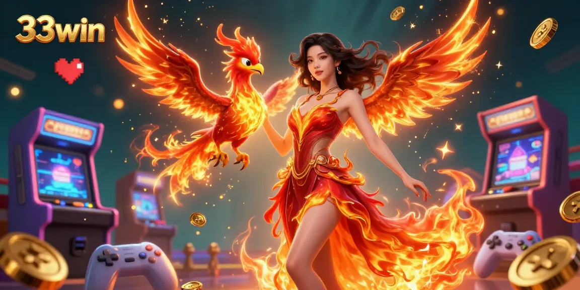 Experience thrilling gameplay with 33win in a vibrant casino arcade featuring a stunning Asian woman and her phoenix companion.