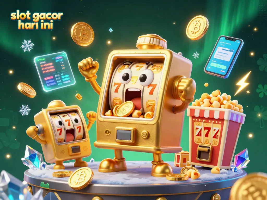 Experience the excitement of slot gacor hari ini with a vibrant 3D illustration showcasing a golden slot machine hitting a jackpot.