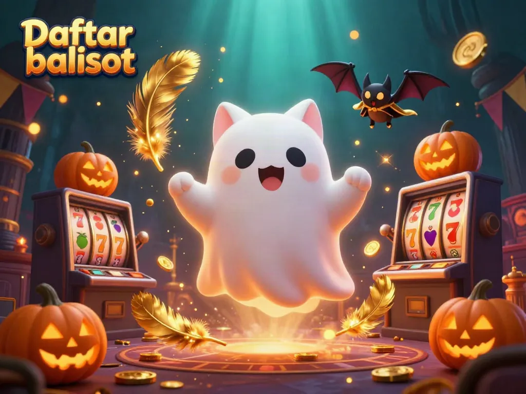 Spin the reels with Daftar balisot in a vibrant haunted casino with a ghost cat and glowing pumpkins.