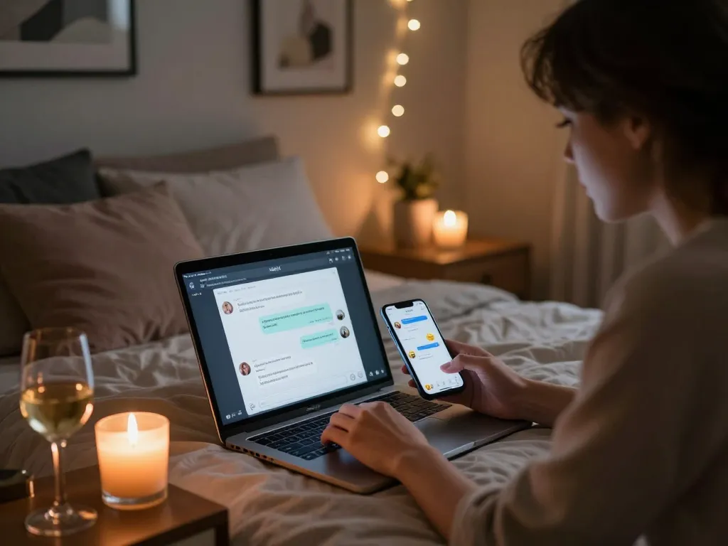 Engaging in nsfw ai chat in a cozy bedroom during an intimate digital experience.
