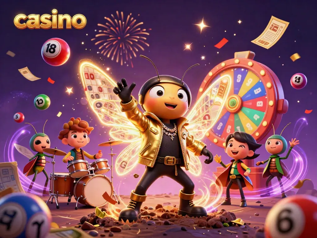 Experience the excitement of casino games with a rock star cicada and vibrant elements.