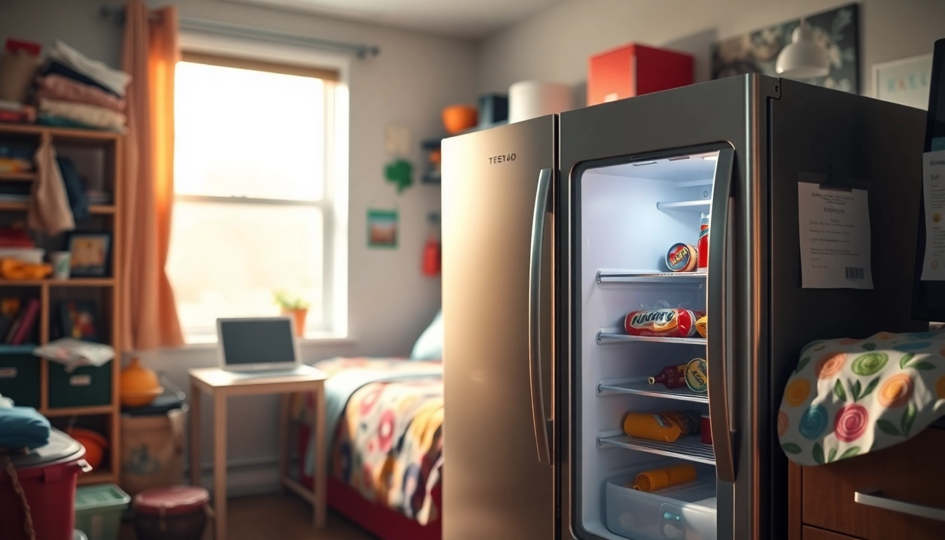 Freshly stocked dorm room fridge filled with beverages and snacks for students.