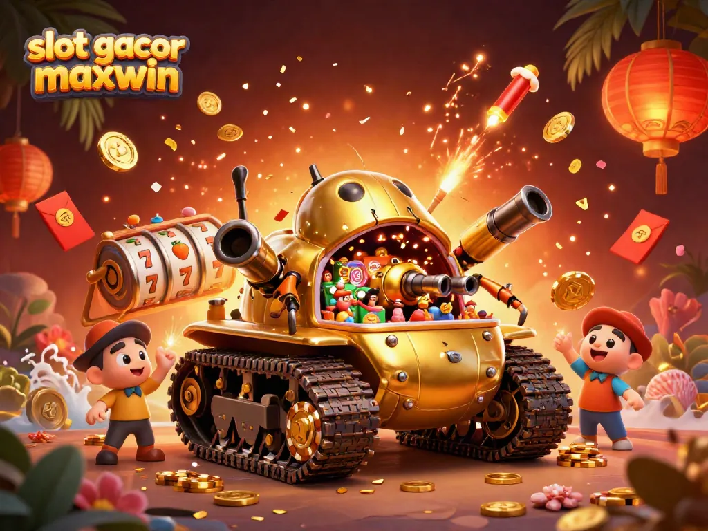 Visualisasi slot gacor maxwin dengan tank keong emas yang menunjukkan kasino mini di dalamnya dan elemen permainan menarik lainnya.
