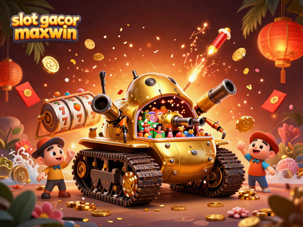 Visualisasi slot gacor maxwin dengan tank keong emas yang menunjukkan kasino mini di dalamnya dan elemen permainan menarik lainnya.