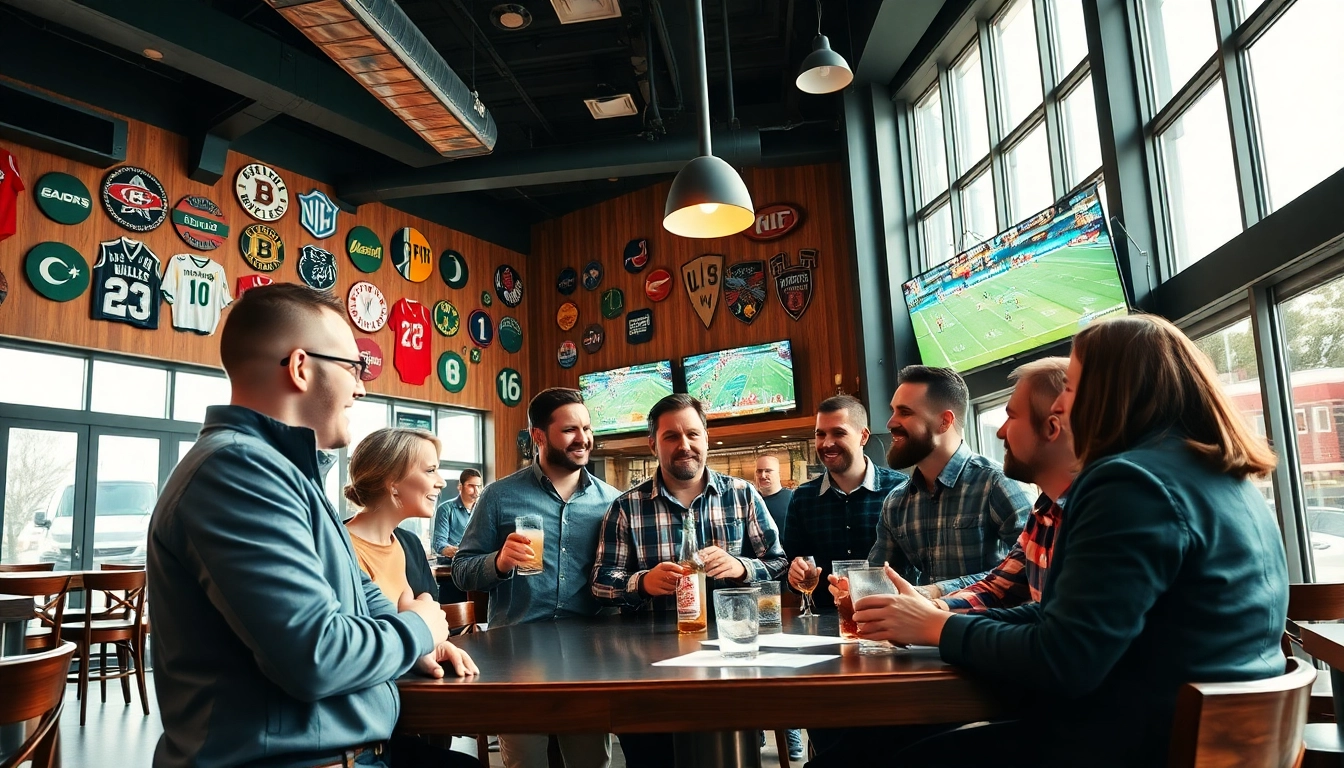 Discussing sportsbooks in Canada at a vibrant sports bar, highlighting excitement and energy.