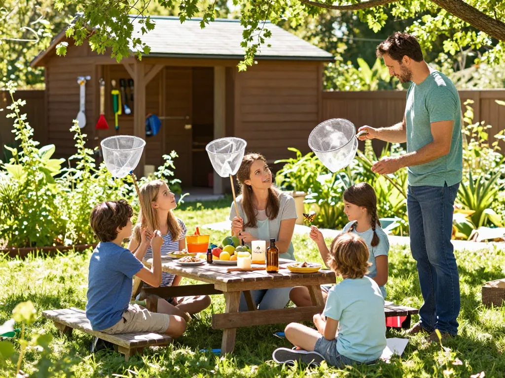 Pest prevention family picnic in a vibrant garden setting with natural deterrents and insect observation.