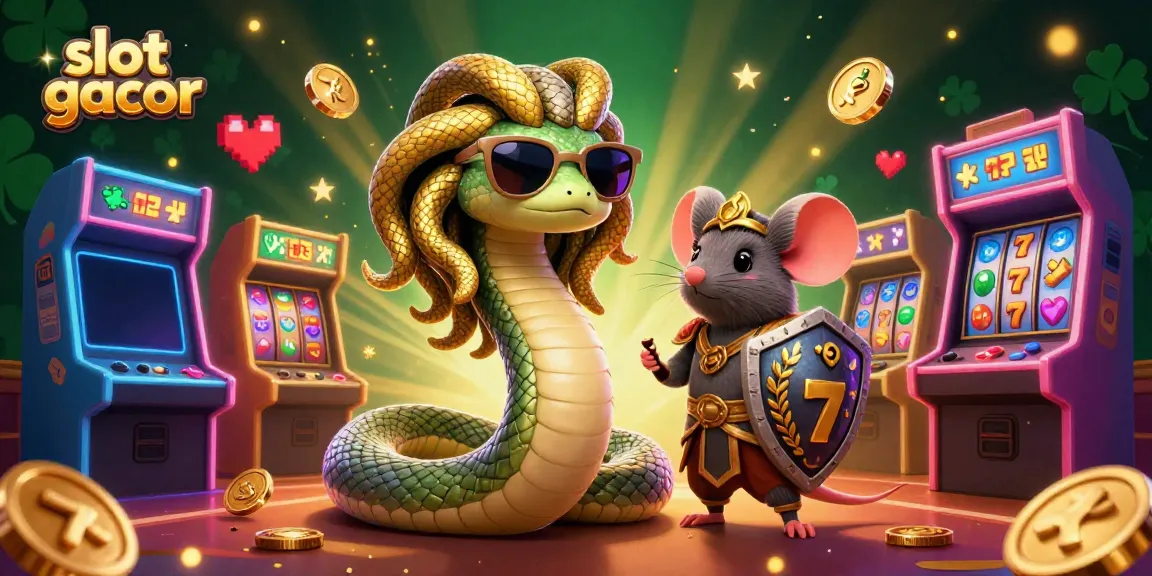 Menggambarkan slot gacor dengan Medusa lucu dan tikus prajurit di kasino, penuh energi dan warna berkilauan.