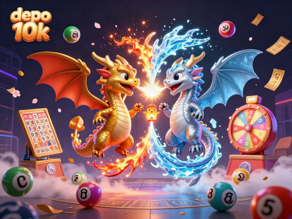 Experience the excitement of depo 10k as colorful lottery balls and vibrant elements fill the air in a dynamic casino illustration.