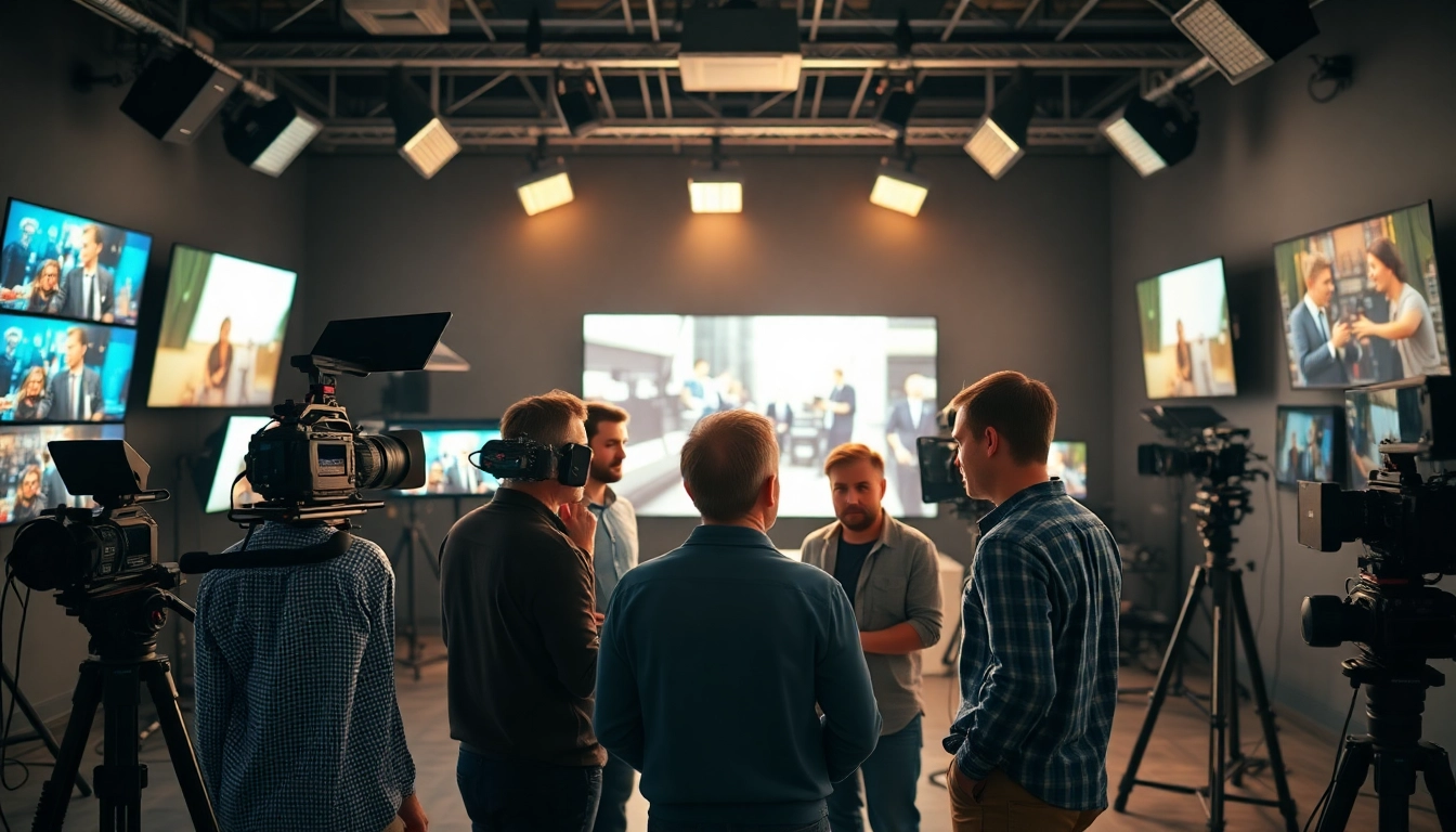 Team of edmonton production companies collaborating on creative video projects in a modern studio.