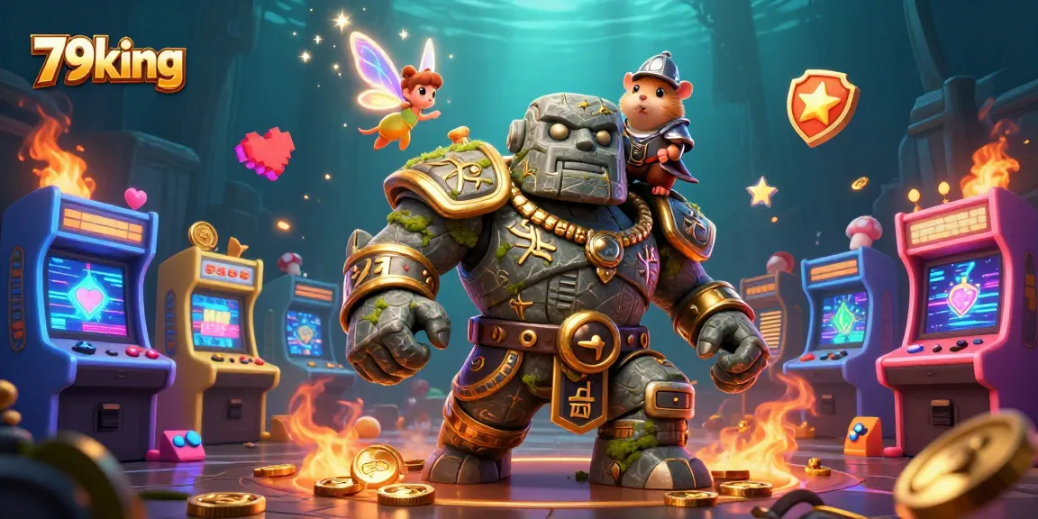 Engage with the vibrant 79king world of gaming, featuring a golem guardian, fairy, and hamster knight!