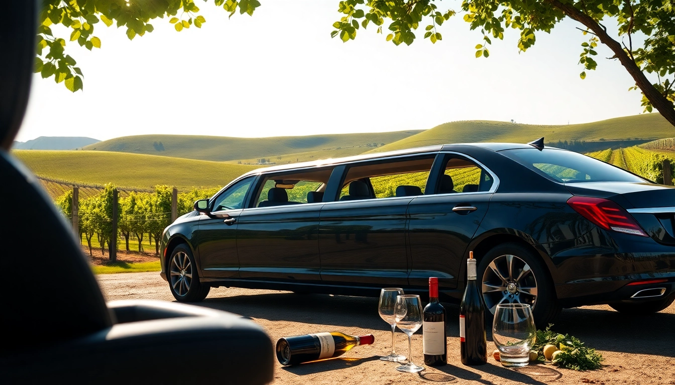 Experience an elegant winery tour limousine surrounded by scenic vineyards and wine props.