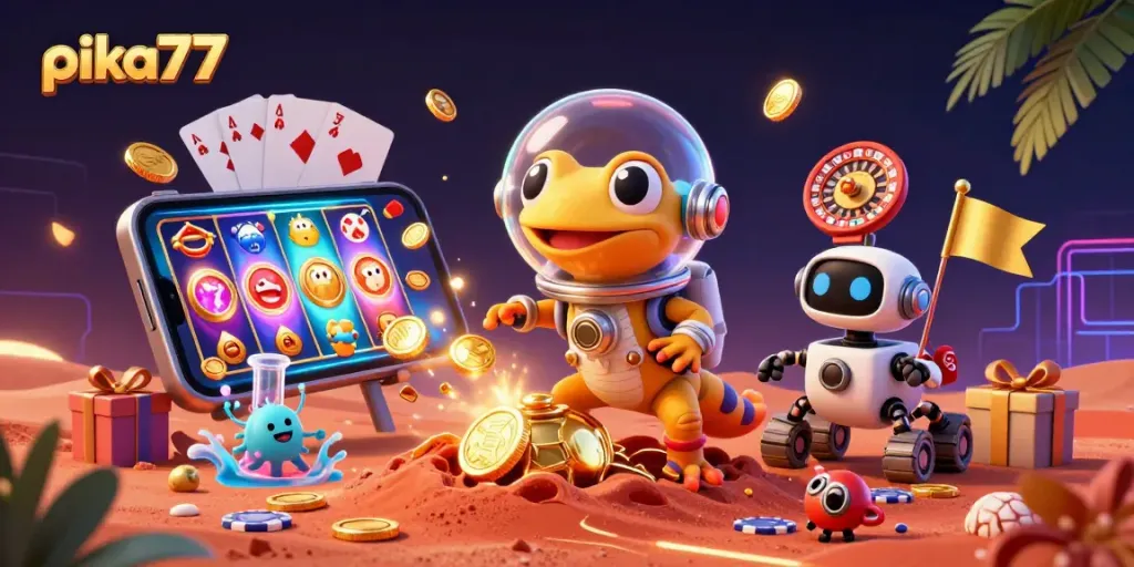 Experience the excitement of pika77 as a Martian gecko uncovers a hidden golden casino on Mars.