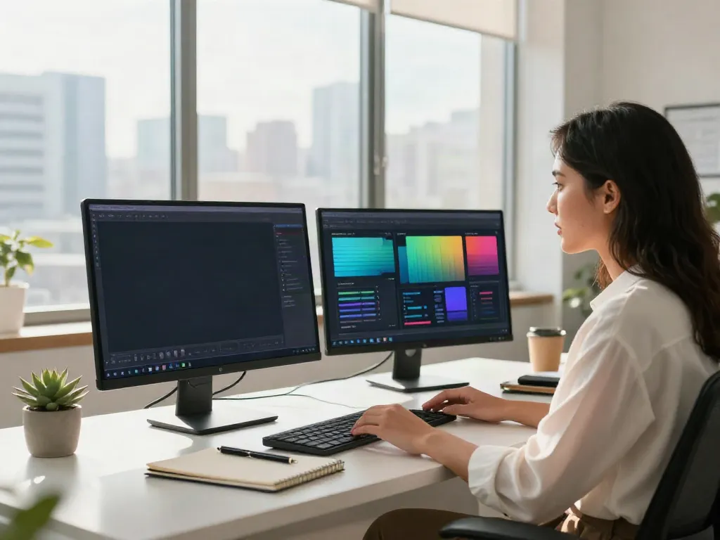 Creative professional using affordable AI copywriting software in a stylish workspace.