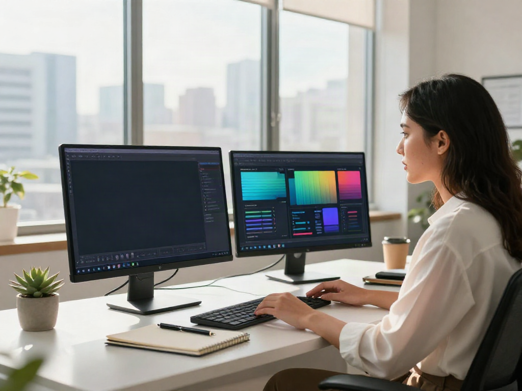 Creative professional using affordable AI copywriting software in a stylish workspace.