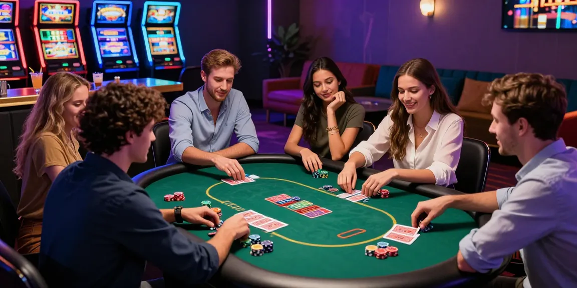 Friends enjoying a lively poker game at an online casino that accepts credit cards with engaging atmosphere and vibrant lighting.