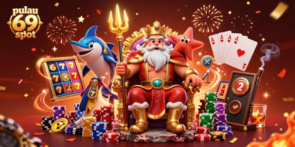 Experience the excitement with pulau 69 slot, featuring spinning reels and vibrant casino elements near majestic characters.