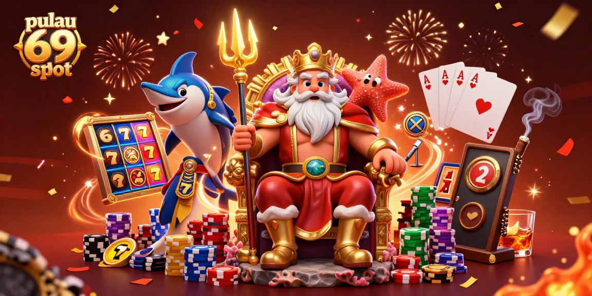 Experience the excitement with pulau 69 slot, featuring spinning reels and vibrant casino elements near majestic characters.