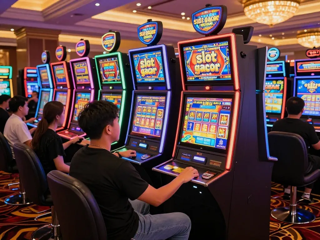 Players enjoying thrilling slot gacor games on colorful machines in vibrant casino atmosphere