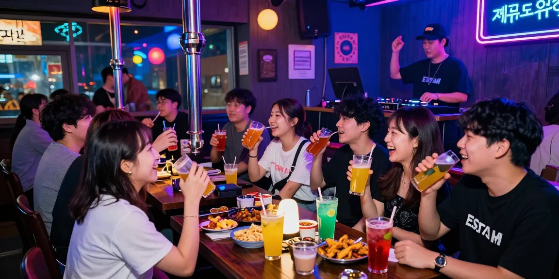Dynamic nightlife scene highlighting 제주도유흥 experience with friends enjoying drinks and music at a Jeju karaoke bar.