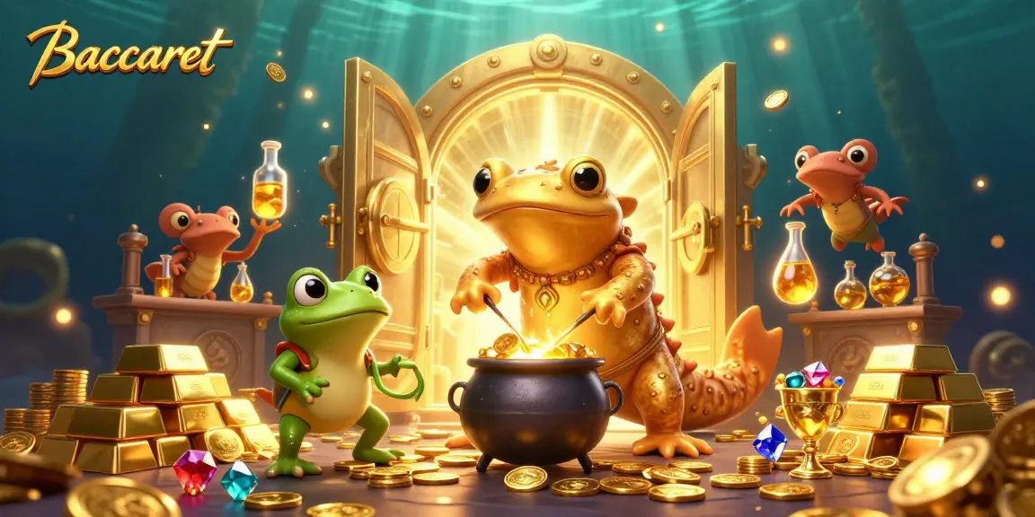 Baccarat players engage in a magical scene with gold coins and lively alchemical elements.