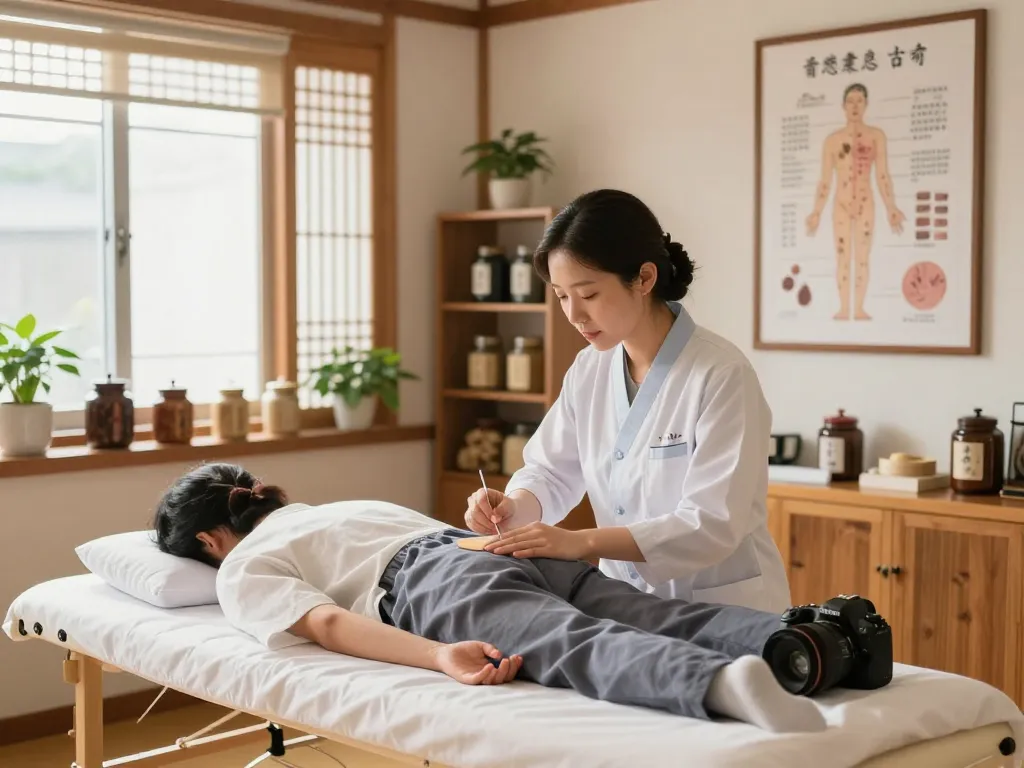 수원한의원 providing acupuncture treatment in a serene clinic setting, highlighting the healing environment and professional care.