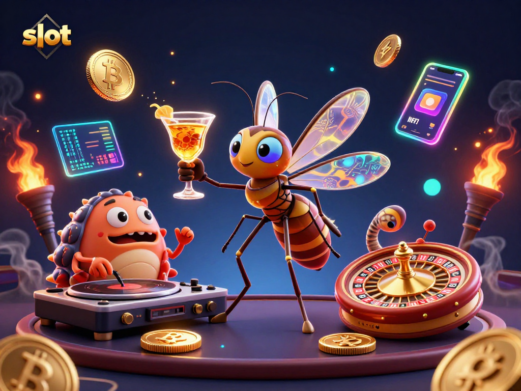 Spin the slot reels with excitement at this vibrant casino scene featuring golden elements and crypto symbols.