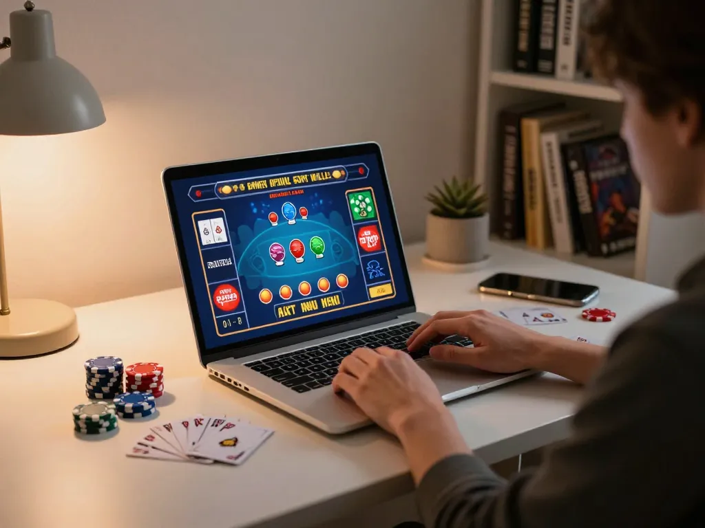 Engaging online session for đăng ký qq88 with a gamer strategizing while playing casino games on a laptop.