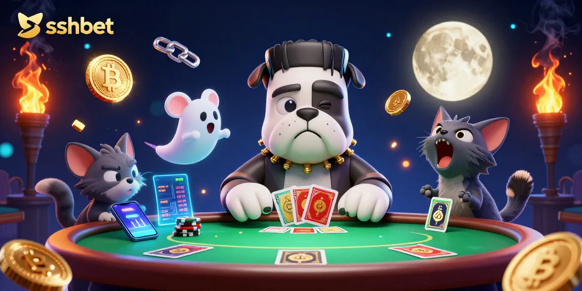 Experience thrilling poker action at sshbet with a Frankenstein bulldog dealing cards and crypto elements.