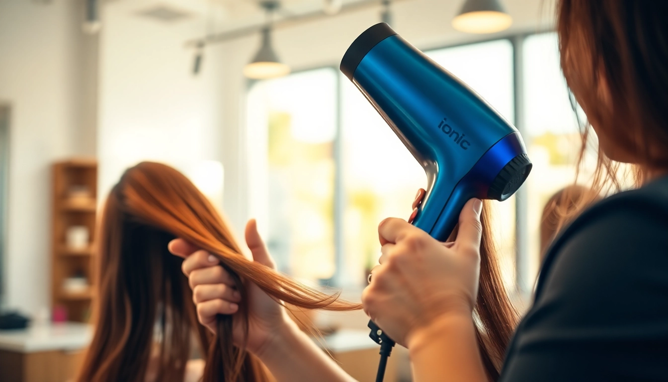 Stylist demonstrating the features of an Ionic hair dryer in a salon setting.