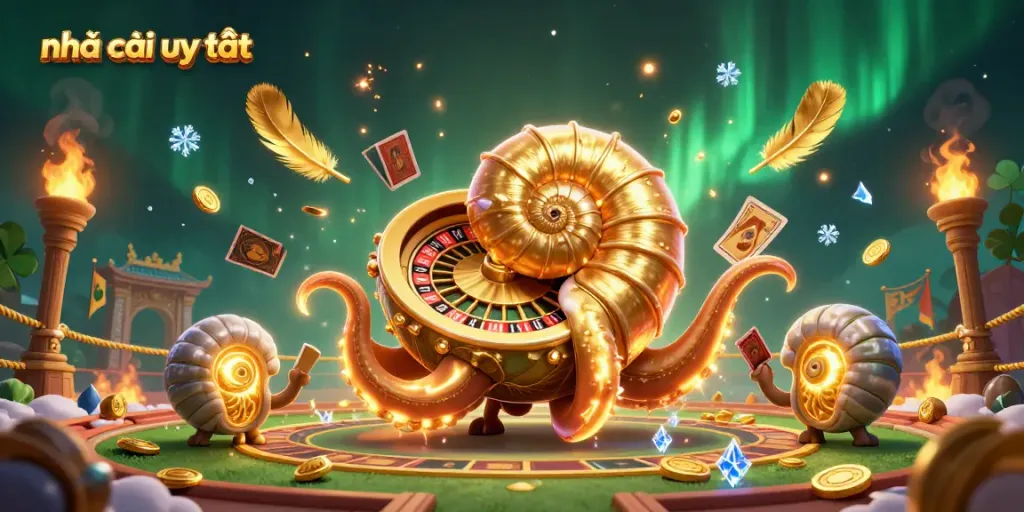Engage in thrilling bets at nhà cái uy tín with a vibrant scene featuring a giant nautilus and glowing ammonites.
