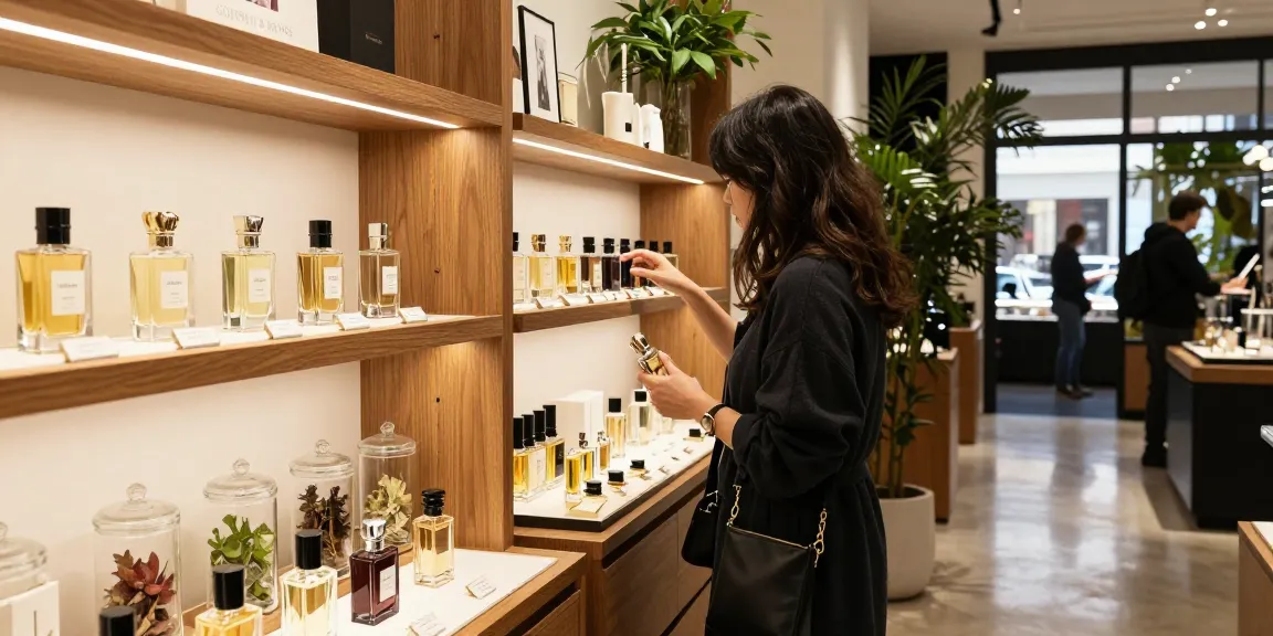 Goldfield & Banks perfume display in a chic boutique, inviting atmosphere with stylish customer browsing.