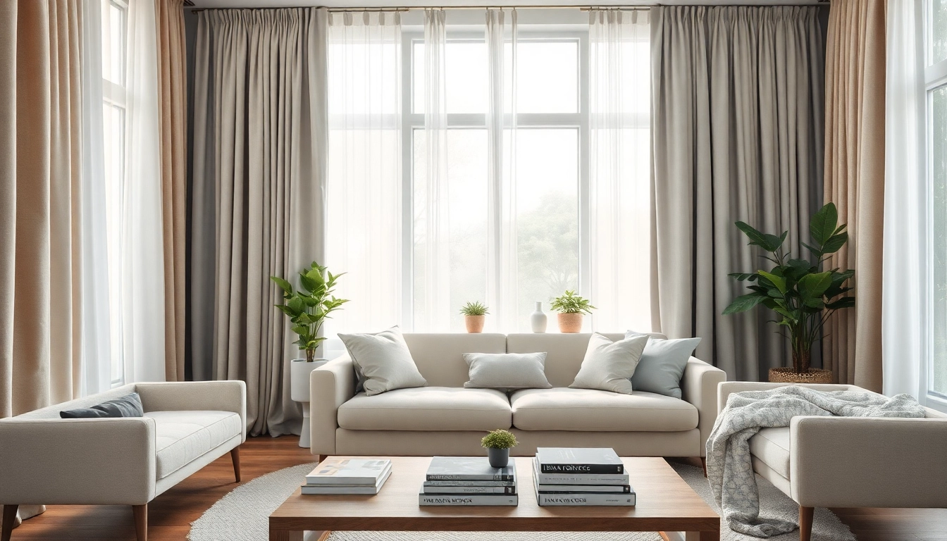Stof voor gordijnen in een serene woonkamer met natuurlijke verlichting en decoratieve elementen.