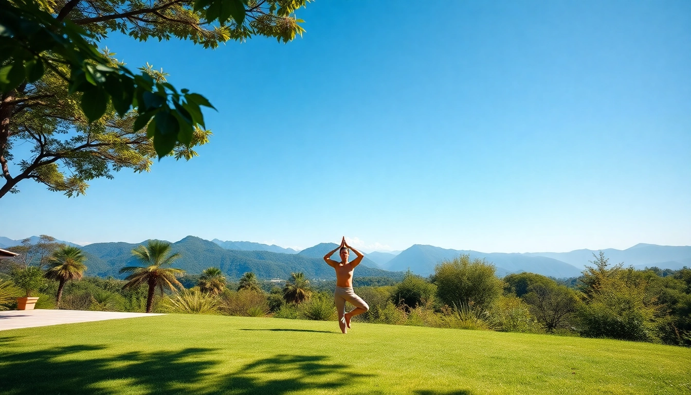 Peaceful wellness retreat featuring yoga in a serene outdoor environment.