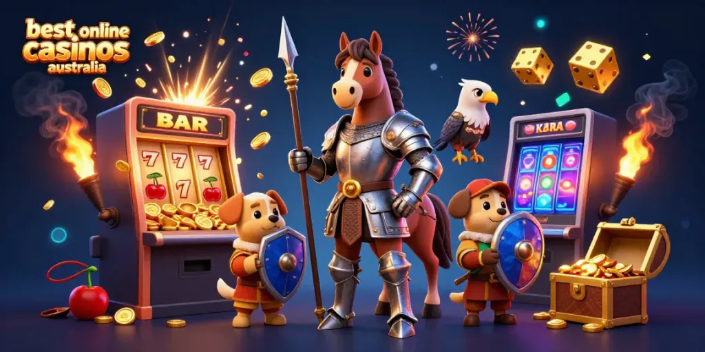 Enjoy the best online casinos Australia with a dynamic 3D casino-themed scene full of vibrant characters and gaming elements.