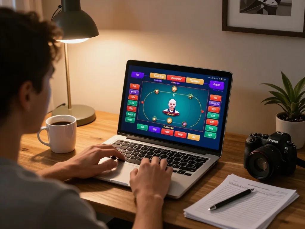 Engaging with online casinos in Canada reddit through a vibrant poker interface on a cozy home setup.
