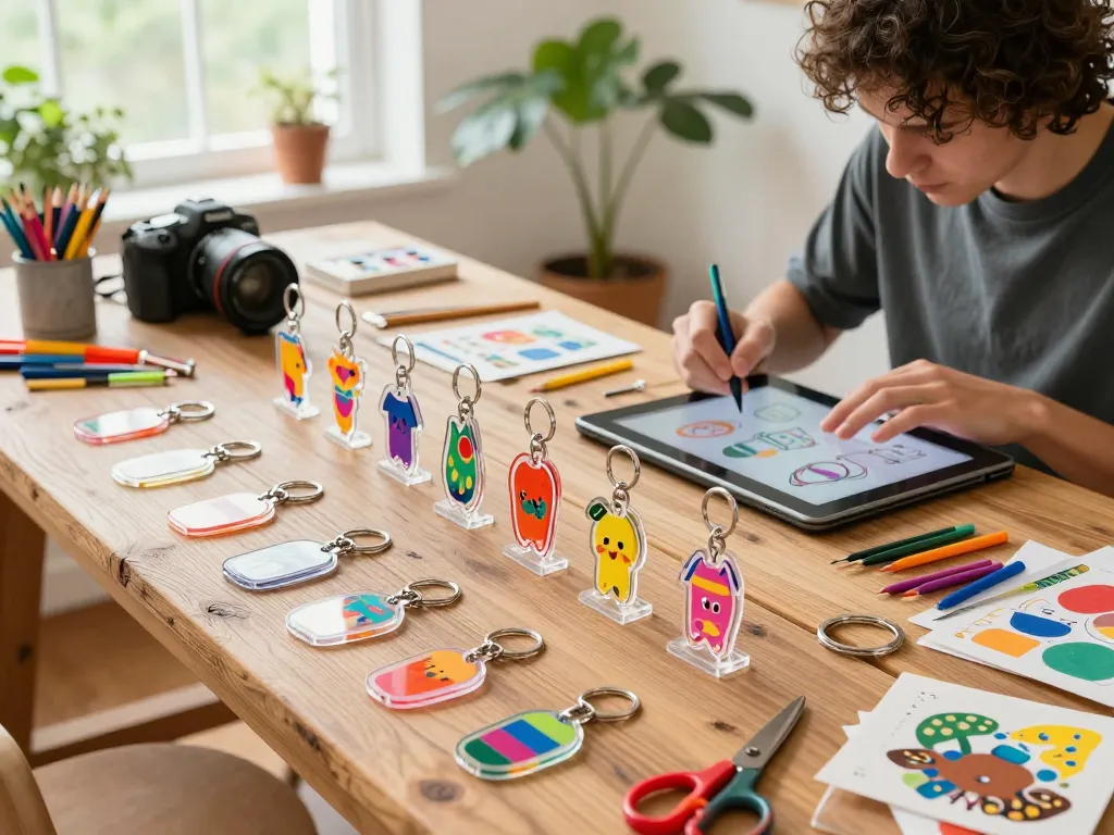 Custom clear acrylic keychain manufacturer showcasing vibrant designs in a bright creative studio.