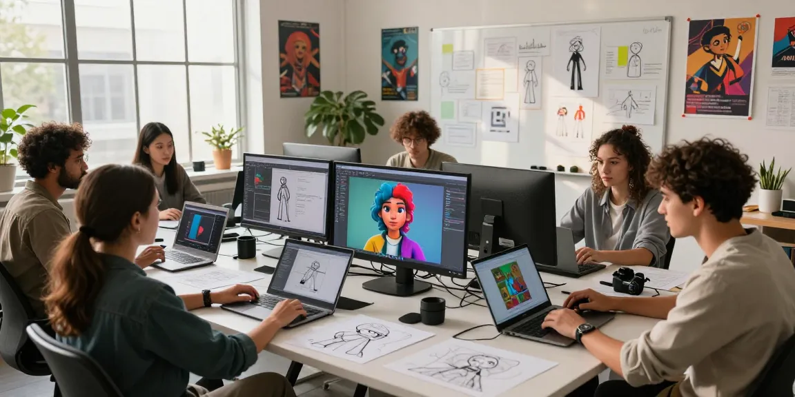 Creative team working on nsfw ai character designs in a vibrant art studio filled with tech.