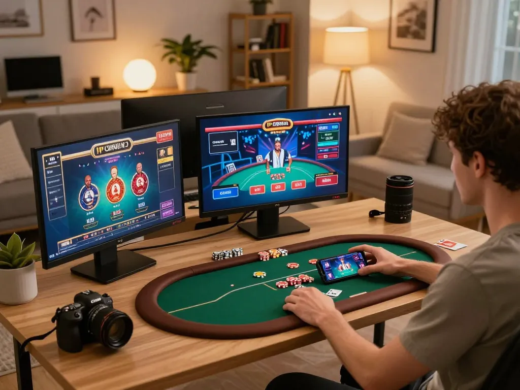 Casino senza registrazione gameplay in a cozy home setup with multiple screens.