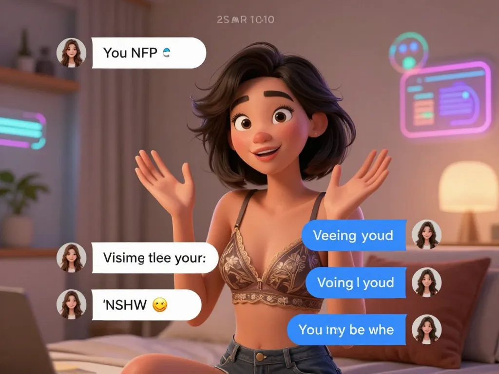 Interactive ai chat porn scene with animated character engaging in playful conversation in a cozy virtual space.