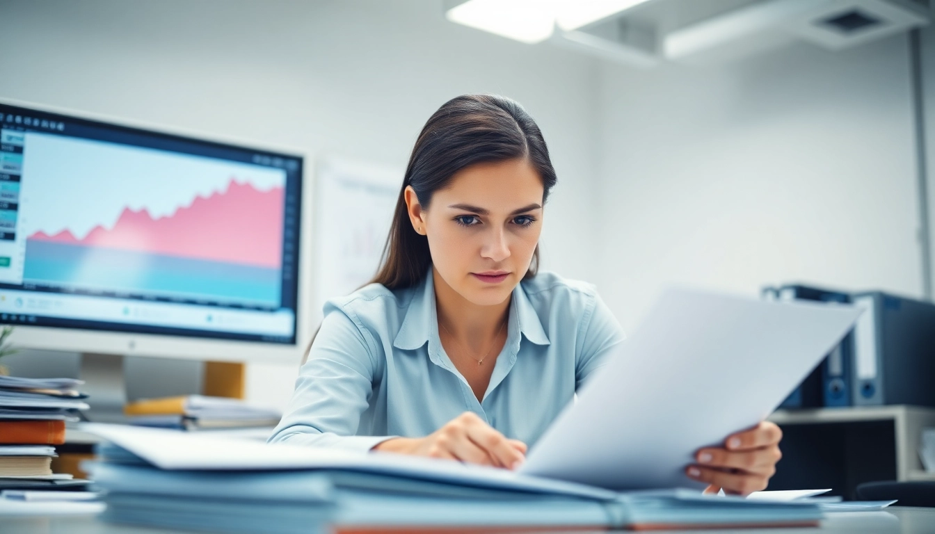 Debt collection uk professional reviewing financial documents in an office setting