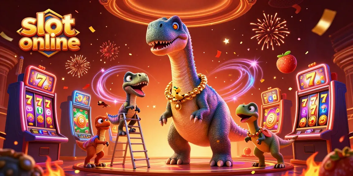 Experience thrilling action at slot online with vibrant 3D illustration of a brontosaurus and raptor.