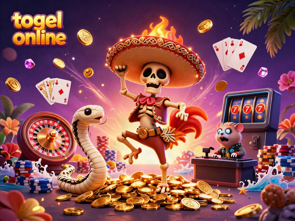Experience the excitement of togel online with a vibrant 3D scene full of characters and casino elements.
