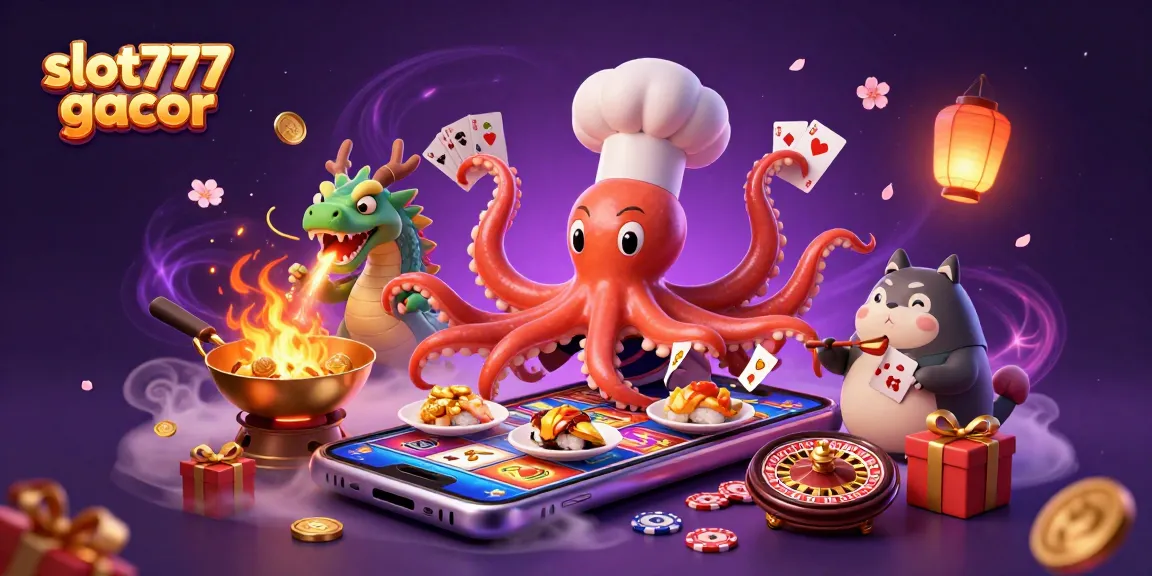 Experience slot777 gacor excitement with a cartoon octopus chef and dragon in a dynamic casino scene.