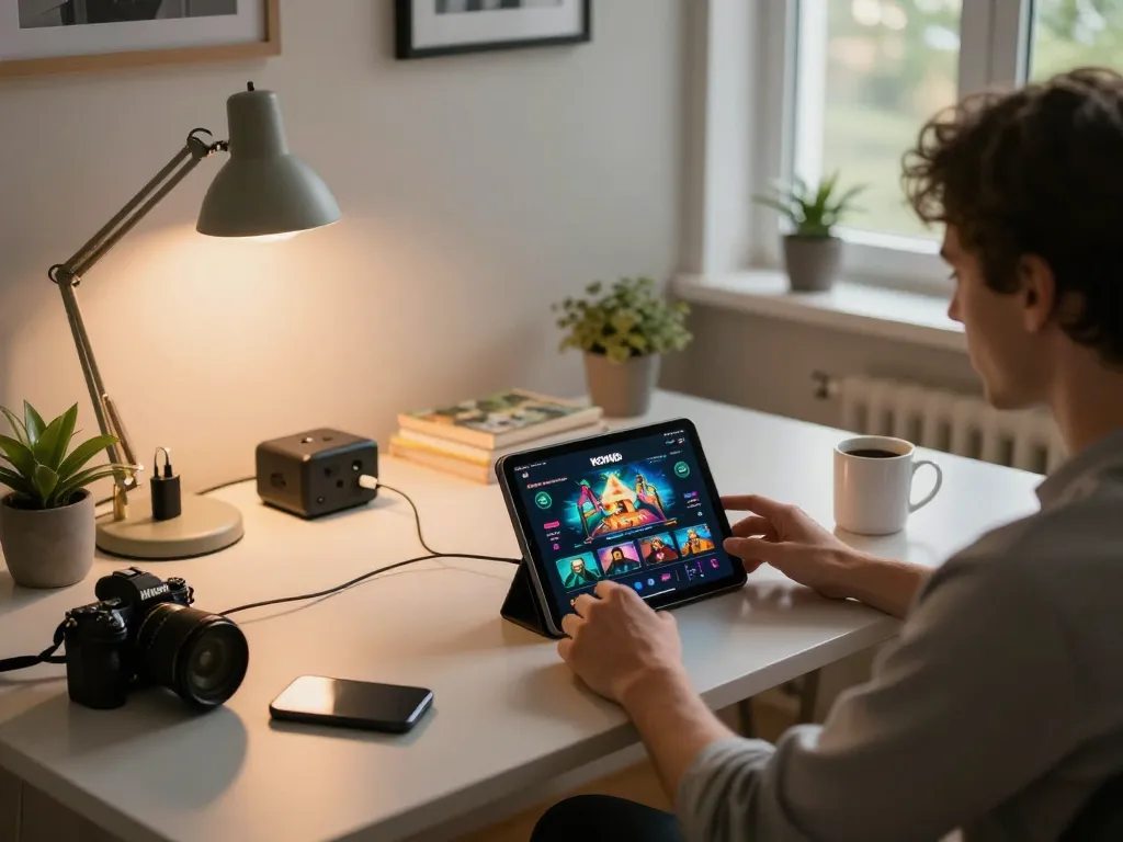 KOINID online casino app shown on tablet during an engaging gaming session in a cozy home setup